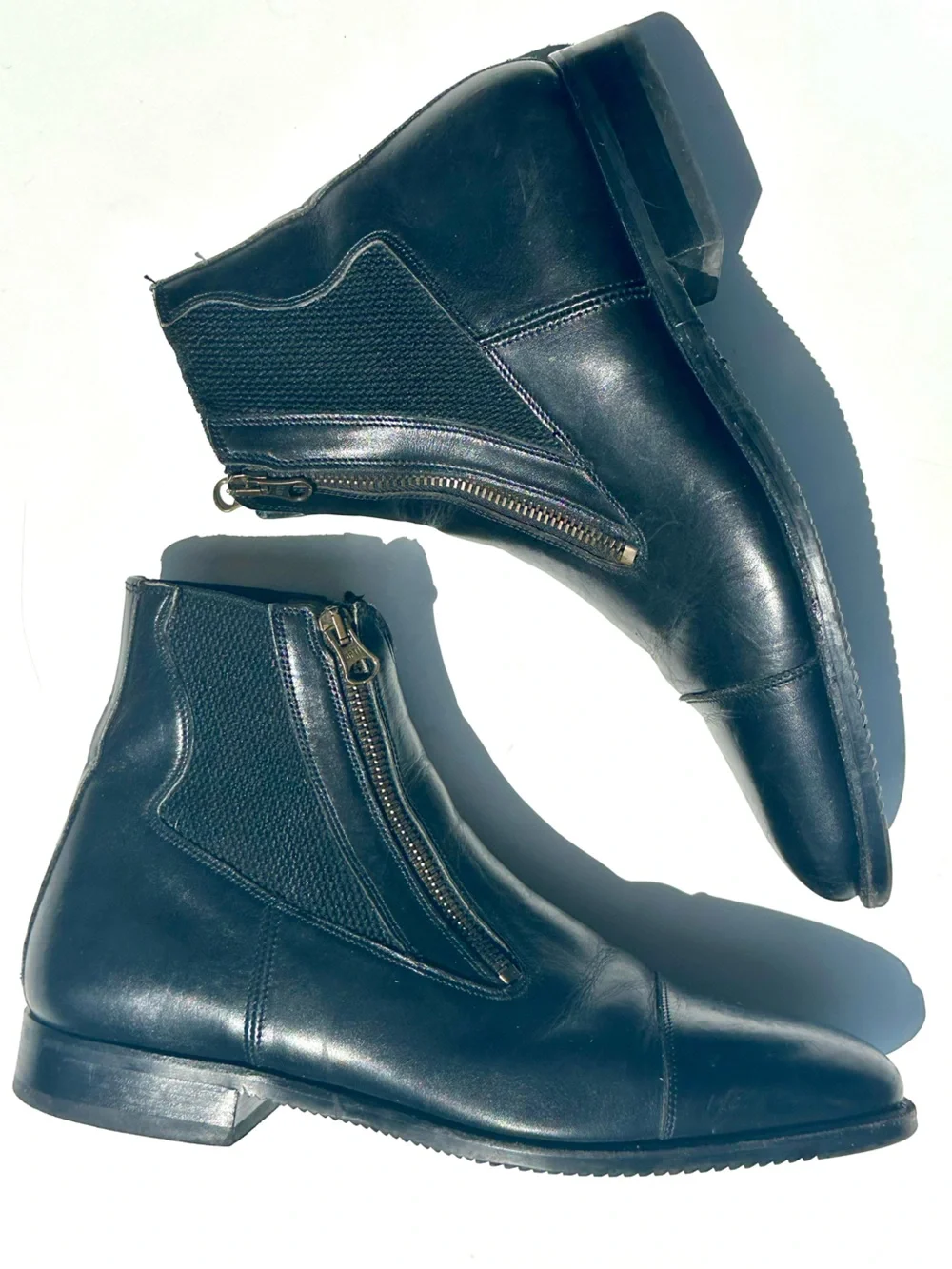 Tucci EZ Short Boots Double Zipper Stretch Panel Leather Black Riding Paddock 43